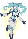  1girl :d alternate_costume alternate_universe aqua_eyes aqua_hair armor blush full_body hatsune_miku long_hair looking_at_viewer ms_tsukii open_mouth power_armor science_fiction smile solo standing standing_on_one_leg teeth twintails vocaloid 