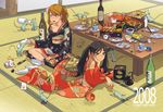  2girls alcohol copyright_request food japanese_clothes kimono mebae mouse multiple_girls new_year sake 