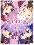  4girls bb_(fate) bb_(fate/extra) black_coat black_dress blue_eyes blue_ribbon blush border breasts chibi closed_eyes closed_mouth coat coif demon_pillar_(fate) dress facing_viewer fate/extra fate/extra_ccc fate/grand_order fate_(series) gloves gold_necklace hair_between_eyes hair_ribbon hand_up jewelry large_breasts long_hair long_sleeves looking_at_viewer meltryllis_(fate) multiple_girls neck_ribbon necklace open_clothes open_coat open_mouth outline passionlip_(fate) pink_background pink_ribbon purple_eyes purple_hair red_ribbon ribbon rioshi sessyoin_kiara shirt sleeves_past_fingers sleeves_past_wrists smile triangle_mouth white_border white_gloves white_outline white_shirt white_veil wide_sleeves 
