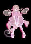  &gt;_&lt; 1girl ahoge black_background blush brown_hair clenched_teeth danganronpa_(series) danganronpa_2:_goodbye_despair dress frilled_dress frills full_body galaga hair_intakes hair_ornament heart heart_print highres holding medium_hair nanami_chiaki pink_dress puffy_short_sleeves puffy_sleeves shoes short_sleeves smile solo suki_tani teeth wings 