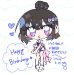  1girl 2024 bikini blue_bikini blue_footwear blush_stickers breasts brown_dust_2 brown_hair chibi dated flower full_body hair_between_eyes hair_flower hair_ornament happy_birthday heart high_heels koucha_cat looking_at_viewer pink_sarong purple_eyes scheherazade_(brown_dust) short_hair small_breasts smile solo swimsuit 