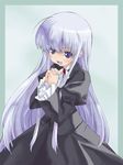  :d anzelotte black_dress blue_background brooch cowboy_shot dress frilled_sleeves frills gem jewelry long_hair long_sleeves night_wizard open_mouth own_hands_together purple_eyes silver_hair simple_background smile solo takano_natsuki very_long_hair 