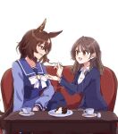  2girls animal_ears black_jacket black_skirt blue_shirt blue_skirt blue_theme bow bowtie breasts brown_eyes brown_hair cake couch crossed_legs cup feeding female_trainer_(umamusume) food highres horse_ears jacket long_hair long_sleeves looking_at_another medium_breasts medium_hair multiple_girls open_mouth plate sailor_collar saucer school_uniform shirt simple_background sirius_symboli_(umamusume) sitting skirt small_breasts smile spoon table teacup toji_(y2toj2) tracen_school_uniform twitter_username umamusume watermark white_background white_shirt yuri 