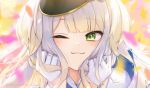  1girl blonde_hair blush chikuwa_(rinka) close-up closed_mouth collared_shirt dot_nose gloves gradient_hair green_eyes half_gloves hands_on_own_cheeks hands_on_own_face hat long_bangs long_hair long_sleeves looking_at_viewer multicolored_hair nijisanji one_eye_closed peaked_cap portrait shioriha_ruri shirt sidelocks smile solo straight_hair twitter_username virtual_youtuber white_gloves white_hair white_shirt 