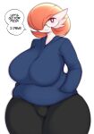  1girl absurdres alternate_color alternate_shiny_pokemon black_eyes black_pants blue_sweater bob_cut breasts bright_pupils colored_skin commentary english_commentary english_text fat gardevoir glasses hair_over_one_eye hands_in_pockets highres huge_breasts looking_at_viewer one_eye_covered pants parted_lips pince-nez pink_hair pokemon pokemon_(creature) round_eyewear saltyxodium semi-rimless_eyewear short_hair simple_background solo speech_bubble sweater talking teeth thick_thighs thighs white_background white_pupils white_skin wide_hips 