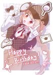  1girl :d argyle_clothes blush border braid brown_hair brown_headwear collarbone creature dated dutch_angle fang gloves grid_background hair_ornament hands_up happy_birthday highres holding holding_magnifying_glass long_hair long_sleeves magnifying_glass natori_sana pointing pointing_at_viewer rabbit_hair_ornament rco_as red_eyes sana_channel shirt single_braid skin_fang smile solo virtual_youtuber white_border white_gloves white_shirt 