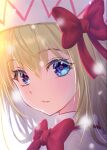 1girl absurdres blonde_hair blue_eyes capelet hair_between_eyes hat highres lily_white long_hair looking_at_viewer open_mouth portrait shiroi_karasu simple_background solo touhou white_background white_capelet 