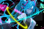  1girl bare_shoulders black_background black_skirt black_sleeves blue_background blue_eyes blue_hair blue_necktie blush closed_mouth commentary detached_sleeves goma_irasuto grey_shirt hair_ornament hands_on_headphones hatsune_miku headphones headset hibikase_(vocaloid) highres long_hair looking_at_viewer miniskirt multicolored_background necktie pleated_skirt shirt skirt sleeveless sleeveless_shirt solo sound_wave twintails very_long_hair vocaloid 