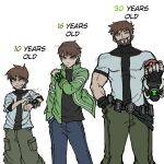  1boy age_comparison age_progression aged_up beard ben_10 ben_tennyson brown_hair cargo_pants character_age darent_z facial_hair green_eyes green_jacket grey_hair hand_in_pocket highres holding holding_poke_ball jacket looking_at_viewer omnitrix open_clothes open_jacket pants poke_ball pokemon shirt short_hair simple_background t-shirt twitter_username white_background 