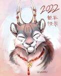 2022 ambiguous_gender blietrah_(seyumei) chinese_knotting chinese_text chinese_zodiac cjk_character countershade_face countershade_fur countershading eyes_closed fangs felid feral fur horn inner_ear_fluff mammal pantherine sabertooth_(anatomy) seyumei smile smiling_at_viewer solo teeth text tuft year_of_the_tiger