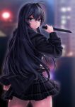 1girl ahoge back black_hair black_jacket blue_eyes blurry blurry_background cain_(gunnermul) city_lights clenched_hand closed_mouth cowboy_shot hair_between_eyes hand_up highres holding holding_knife jacket knife long_hair looking_at_viewer looking_back night night_sky original outdoors plaid plaid_skirt pleated_skirt reverse_grip skirt sky weapon 