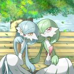  2girls alternate_color blue_hair blue_skin bob_cut closed_mouth colored_skin commentary_request day falling_leaves flat_chest gardevoir green_hair green_skin hair_between_eyes hand_on_lap hand_to_own_mouth hand_up happy leaf leaning_to_the_side looking_at_viewer monya multicolored_skin multiple_girls on_bench one_eye_closed open_mouth orange_eyes outdoors pokemon pokemon_(creature) red_eyes shiny_and_normal shiny_pokemon short_hair sitting smile tree two-tone_skin white_skin 