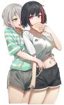  2girls absurdres aoba_moca bang_dream! black_hair blush bob_cut bread bread_slice casual chone clothes_lift collarbone couple covered_mouth eating food gold_ring green_eyes green_hoodie grey_hair gym_shorts hand_in_another&#039;s_pants hickey highres hood hoodie jewelry mitake_ran multicolored_hair multiple_girls navel open_mouth red_hair ring shirt shirt_lift short_hair shorts sidelocks simple_background smile streaked_hair striped_clothes striped_hoodie t-shirt toast wedding_ring white_shirt wife_and_wife yuri 