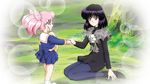  back_bow bishoujo_senshi_sailor_moon black_footwear black_hair black_legwear black_skirt blue_bow blue_skirt bob_cut bow chibi_usa double_bun flower full_body hat hat_removed headwear_removed hino_ryutaro holding_hands kneeling looking_at_another multiple_girls pantyhose pink_hair purple_eyes sailor_collar school_uniform serafuku shawl shoes short_hair skirt smile standing tomoe_hotaru twintails white_sailor_collar 