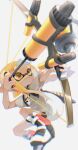  05_ruri 1girl aiming asymmetrical_hair bike_shorts black_shorts blonde_hair boots bow_(weapon) braid eyebrow_cut full_body highres holding holding_bow_(weapon) holding_weapon ink_tank_(splatoon) inkling inkling_girl inkling_player_character jumping long_hair looking_ahead multicolored_footwear outstretched_arms pointy_ears shirt shorts single_braid smile solo splatoon_(series) splatoon_3 suction_cups tentacle_hair tri-stringer_(splatoon) very_long_hair weapon white_background white_footwear white_shirt yellow_eyes 