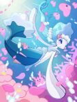  blue_eyes blush chigu_(chiguchigu0112) closed_mouth colored_eyelashes commentary_request corsola floating_hair flower from_below luvdisc no_humans pink_flower pokemon pokemon_(creature) primarina smile underwater 