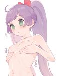  1girl :o ahoge bow breasts commentary grabbing_own_breast green_eyes hair_bow highres hyakumangoku_masurao long_hair manaka_laala navel nipples no_pupils nude parted_lips pink_bow pretty_series pripara purple_hair simple_background small_breasts solo sound_effects translated twintails upper_body very_long_hair white_background 