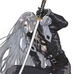  1boy arm_up armor bangle belt black_belt black_coat black_gloves bracelet chest_strap coat commentary final_fantasy final_fantasy_vii final_fantasy_vii_remake gloves green_eyes grey_hair hair_over_one_eye happy hashtag_only_commentary high_collar highres holding holding_sword holding_weapon jewelry katana light_smile long_bangs long_coat long_hair long_sleeves looking_to_the_side male_focus masamune_(ff7) moyanwxy multiple_belts open_clothes open_coat parted_bangs pauldrons planted planted_sword sephiroth shoulder_armor simple_background solo squatting sword upper_body very_long_hair weapon white_background 