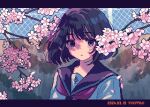  1girl artist_name black_eyes black_hair bob_cut branch chain-link_fence cherry_blossoms close-up closed_mouth dithering dot_mouth dress_shirt falling_petals fence looking_at_viewer loose_hair_strand nanami_yuki_(yuki77mi) neckerchief original petals pixel_art portrait purple_neckerchief purple_sailor_collar sailor_collar school_uniform serafuku shadow shirt short_hair signature solo spring_(season) stone_wall upper_body white_shirt wind 