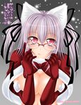  animal_ears breasts christmas cleavage glasses kizaki_yuuri large_breasts original red_eyes santa_costume solo 