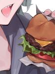  1other bad_id bad_twitter_id bread_bun burger cheese food food_focus grey_hair highres holding_burger lettuce meat monosucre open_mouth original sharp_teeth simple_background solo teeth tomato tomato_slice white_background 