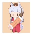  animal_ears blush_stickers bow brown_background brown_hat chibi chikuwa ear_bow ear_covers food full_body gold_ship_(umamusume) gomashio_(goma_feet) grey_hair hat holding holding_food horse_ears horse_girl horse_tail jacket long_hair long_sleeves mini_hat pants purple_bow red_jacket red_pants standing tail track_jacket track_pants track_suit two-tone_background umamusume very_long_hair white_background |_| 
