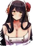  1girl absurdres azur_lane bare_shoulders black_hair blush breasts cleavage flower hair_flower hair_ornament hey_taisyou hiei_(azur_lane) highres horns large_breasts long_hair looking_at_viewer red_flower shirt smile solo upper_body white_background white_shirt yellow_eyes 