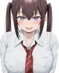  1girl blue_eyes blush breasts brown_hair collared_shirt covered_nipples large_breasts long_hair long_sleeves looking_at_viewer necktie oekakizuki open_mouth original shirt sidelocks smile solo twintails white_shirt 