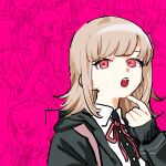  1girl :o alternate_hair_ornament black_jacket black_shirt brown_hair danganronpa_(series) danganronpa_2:_goodbye_despair dress_shirt finger_to_own_chin highres hood hood_down hooded_jacket index_finger_raised jacket medium_hair multiple_views nanami_chiaki neck_ribbon pink_background pink_eyes pio_(kari) ribbon shirt teeth triangle_hair_ornament two-tone_shirt upper_teeth_only white_shirt 