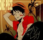  1boy abs bandaid bandaid_on_face black_eyes black_hair character_name closed_mouth commentary_request english_text hand_on_headwear hat highres larugo0513 male_focus monkey_d._luffy one_piece open_clothes red_shirt scar scar_on_cheek scar_on_face shirt short_hair short_sleeves solo straw_hat 