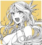  1girl andromeda_(fate) andromeda_(first_ascension)_(fate) braid breasts crown_braid dated fate/grand_order fate_(series) greyscale_with_colored_background large_breasts long_hair open_mouth portrait signature smile yellow_background yuuzuki230 