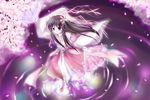  black_hair brown_eyes cherry_blossoms copyright_request desuno dual_wielding fan floating flower folding_fan hair_flower hair_ornament holding japanese_clothes long_hair miko petals purple_eyes ripples smile solo 
