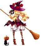  blonde_hair blue_hair broom cat full_body hair_ornament halloween hat jack-o'-lantern migikiki original pantyhose pumpkin skull_hair_ornament solo standing striped striped_legwear white_background 