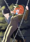  1boy 1girl :d absurdres antenna_hair black_hair black_pants blue_eyes blush brown_shirt chain collarbone collared_shirt commentary_request couple feet_out_of_frame floating_hair go-toubun_no_hanayome green_ribbon grey_shirt grin hair_between_eyes hair_ribbon happy hetero highres holding holding_chain looking_at_another medium_hair nakano_yotsuba open_mouth orange_hair outdoors overalls pants plaid_overalls ribbon shirt short_hair sidelighting smile standing standing_on_swing swing teeth uesugi_fuutarou upper_teeth_only v-shaped_eyebrows white_overalls yasuba_yuichi yellow_eyes 