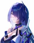  1girl absurdres acheron_(honkai:_star_rail) black_choker breasts choker cleavage commentary_request furiasu hair_over_one_eye halterneck highres honkai:_star_rail honkai_(series) large_breasts long_hair purple_eyes purple_hair simple_background single_bare_shoulder solo upper_body very_long_hair white_background 