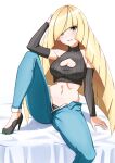  1girl absurdres arm_warmers bare_shoulders black_footwear blonde_hair blue_pants breasts cleavage cleavage_cutout clothing_cutout green_eyes high_heels highres long_hair looking_at_viewer lusamine_(pokemon) midriff official_art pants pokemon sitting smile solo sweater_vest vneckstore 