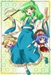  blonde_hair blue_eyes blue_skirt detached_sleeves frog green_hair hair_ornament hat kochiya_sanae leaf_hair_ornament long_skirt michii_yuuki moriya_suwako multiple_girls rope shimenawa skirt touhou yasaka_kanako 