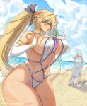  2girls beach black_blindfold blindfold blonde_hair blue_sky breast_hold breasts bubble_tea_challenge cloud cloudy_sky drinking drinking_straw elbow_gloves gloves goblin_slayer! highres large_breasts long_hair multiple_girls navel nun patreon_logo patreon_username pointing ponytail sand sidelocks sky stomach swept_bangs swimsuit sword sword_maiden thick_thighs thighs traditional_nun voidmakerz water weapon wide_hips 