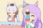  2girls animal_ears apron bow brown_background brown_hat chibi collared_shirt dress ear_bow ear_covers ear_ribbon food gold_ship_(umamusume) gomashio_(goma_feet) green_dress green_ribbon grey_hair hat holding holding_food horse_ears horse_girl horse_tail ice_cream ice_cream_cone ice_cream_scoop long_hair mejiro_mcqueen_(umamusume) mini_hat multiple_girls pink_apron purple_bow purple_hair ribbon shirt simple_background sleeveless sleeveless_dress swept_bangs tail too_many too_many_scoops umamusume very_long_hair white_shirt 