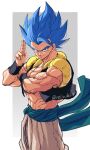  1boy absurdres black_vest blue_eyes blue_hair blue_sash cropped_vest crossed_arms dragon_ball dragon_ball_super dragon_ball_super_broly from_side gogeta highres looking_at_viewer medium_hair metamoran_vest muscular muscular_male pants relio_db318 salute sash smile solo spiked_hair super_saiyan super_saiyan_blue twitter_username two-finger_salute upper_body vest white_pants 