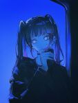  1girl blue_theme choker closed_mouth collarbone cup earrings highres holding holding_cup jacket jewelry john_kafka long_hair long_sleeves looking_at_viewer original solo twintails upper_body window 