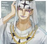  1boy 2023 close-up facial_mark grey_background hand_on_own_head happy_birthday head_scarf headband highres jewelry long_sleeves looking_at_viewer male_focus necklace one_piece pell purple_lips shokusei smile solo tunic twitter_username white_tunic 