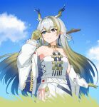  1girl absurdres arknights bare_shoulders blonde_hair blue_sky cloud dragon_girl dragon_horns earrings green_eyes grey_hair highres horns jacket jewelry k@bu long_hair long_sleeves multicolored_hair open_clothes open_jacket outdoors pointy_ears shirt shu_(arknights) sky solo strapless strapless_shirt tassel tassel_earrings tube_top white_jacket white_tube_top yellow_horns 