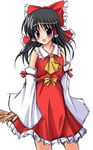  ascot bare_shoulders black_hair blue_eyes blush bow cowboy_shot detached_sleeves exe_(xe) frilled_skirt frills hair_bow hair_tubes hakurei_reimu looking_at_viewer ofuda open_mouth red_bow red_skirt simple_background skirt skirt_set smile solo source_request standing touhou vest white_background 