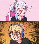  2boys absurdres ahoge axel_syrios black_shirt blonde_hair blue_eyes blue_hair blush chair clenched_teeth closed_eyes diamond_choker english_commentary english_text gaming_chair gavis_bettel glowing glowing_eyes grey_hair hair_between_eyes headphones highres holostars holostars_english male_focus meme motion_lines multicolored_hair multiple_boys musical_note open_mouth pewpawpo pink_hair red_hair shirt short_hair subtitled sweat swivel_chair teeth two-tone_hair virtual_youtuber wide-eyed zoom_layer 