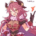  1girl ;d alonemistrist armor breasts cleavage dragalia_lost dragon_girl dragon_horns fang gloves hand_on_own_hip horns index_finger_raised large_breasts long_bangs long_hair looking_at_viewer mym_(dragalia_lost) one_eye_closed open_mouth red_hair short_sleeves shoulder_armor skin_fang smile solo upper_body very_long_hair yellow_eyes 