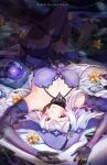  1girl absurdres bare_shoulders black_gloves black_swan_(honkai:_star_rail) commentary crystal_ball dress elbow_gloves gloves hair_spread_out highres honkai:_star_rail honkai_(series) long_hair lying on_back purple_dress purple_eyes purple_hair sleeveless sleeveless_dress solo tou_zii upside-down veil very_long_hair 