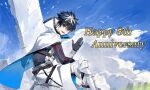  1boy absurdres belt black_gloves black_hair blue_cape blue_eyes brown_belt cape charlemagne_(fate) cloud fate/grand_order fate_(series) gloves happy_anniversary highres looking_at_viewer male_focus multicolored_hair open_mouth outdoors poleyn short_hair sitting smile solo two-sided_cape two-sided_fabric two-tone_hair vambraces waist_cape waving white_cape white_hair yongjiu_xing_baimuda 
