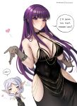  2girls :3 =_= alternate_costume bare_shoulders black_choker black_dress blush_stickers breasts choker cleavage commentary dress fern_(sousou_no_frieren) frieren gloves heart hip_vent large_breasts long_hair looking_at_viewer multiple_girls pointy_ears purple_eyes purple_hair ryuuneart simple_background sleeveless sleeveless_dress sousou_no_frieren speech_bubble twintails very_long_hair white_background 
