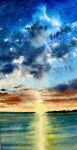  blue_sky cloud cloudy_sky highres horizon morning no_humans ocean original painting_(medium) realistic reflection scenery shibakaka sky sun sunlight sunrise traditional_media water 